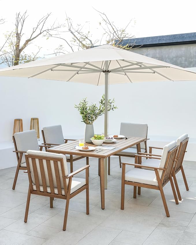 Never Rusts Outdoor Patio Dining Table for 6, 63.8"x34.8" Outdoor Aluminum Dining Table with Umbrella Hole, 6 Person Patio Furniture Dining Table for Garden, Backyard, Porch, Teak