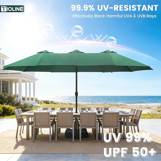 15FT Large Patio Umbrellas with Base Included, Outdoor Double-Sided Rectangle Big Market Umbrella with Stand, Outside Umbrellas for Poolside Lawn Backyard,Green