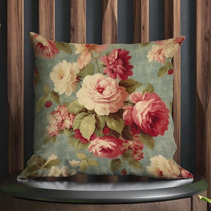 Throw Pillow Covers Watercolor Pink Roses Cushion Cases Retro Romantic Aqua Flower Pillow Cover Accent Outdoor Waterproof Decorative Pillow Cover for Patio Funiture Garden 20x20 in