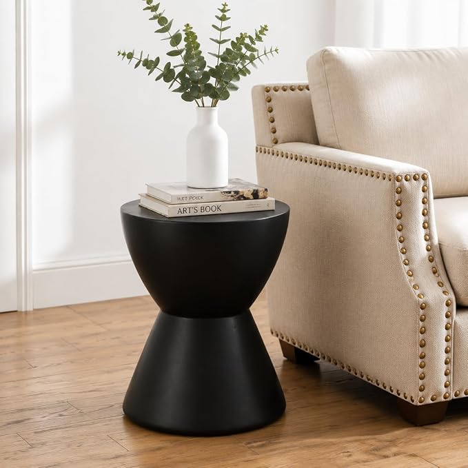 HOMPUS Outdoor Side Table Hourglass Shaped, Concrete End Table, Round Drum Patio MgO Coffee Lightweight Table, Modern Garden Planter Stand for Indoor Outdoor Use, Black