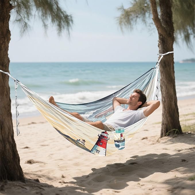 Portable Single Hammock Sailboat in The Sea Wave and Lighthouse Garden Yard Outdoor Hammocks