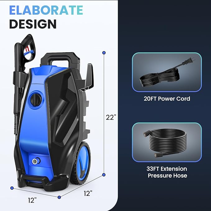 Heavy Duty 5000PSI 4.0GPM Electric Pressure Washer with 33FT Hose, 4 QC Nozzles for Cars/Fences/Patios/Home Cleaning, Deep Blue