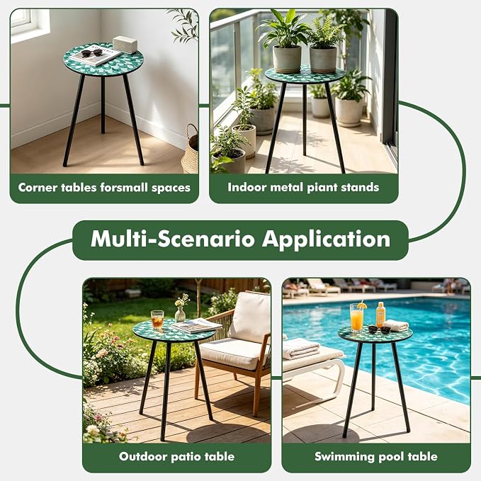 2 Pack Metal Mosaic Round Side Tables 13.4" Small Outdoor Patio Round Accent Coffee Tables Indoor Corner Stand for Small Spaces Weather-Resistant for Balcony Plant Stands Indoor, Green Floral Mandala