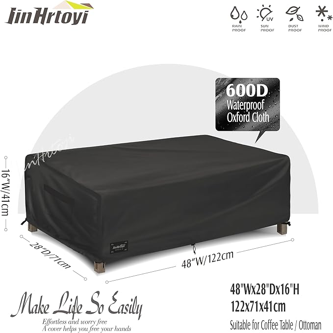 JinHrtoyi Patio Coffee Table Cover,48Wx28Dx16H Inches 100% Waterproof Heavy Duty Outdoor Rectangular Side Table Cover,Black Minimalism Style Outdoor Furniture Covers