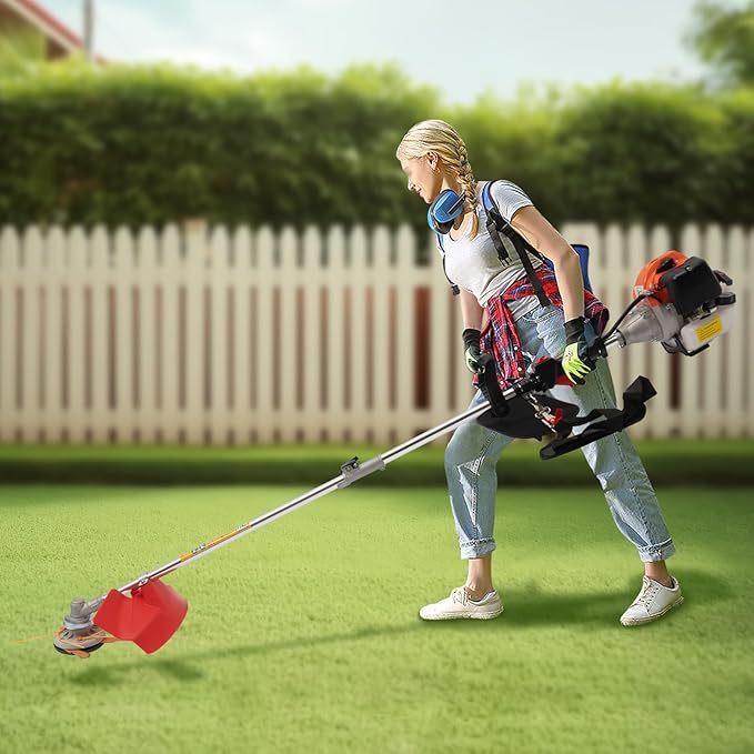 Gas Powered Weed Eater, 33cc 2-Stroke Cordless Lawn Edger Gas String Trimmer with Two Blade Heads, Trimmer Power Gasoline Chainsaw for Home Lawn Mowe, Orchard Mowing, Tea Garden Mowing