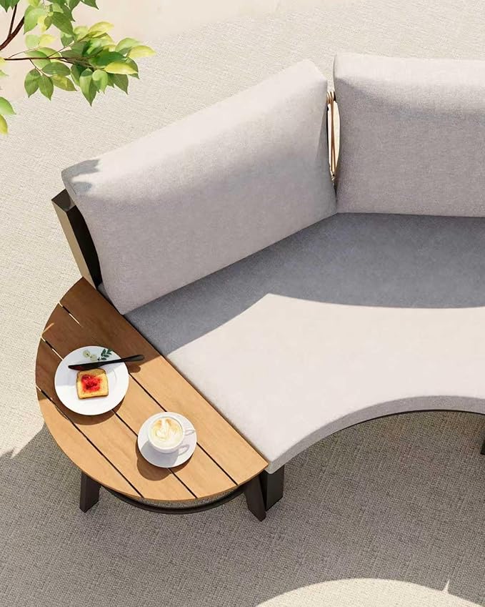 Half Moon Patio Furniture Set, Aluminum Curved Patio Conversation Sets, Luxury Outdoor Sectional Sofa with PE Rope, All-Weather 4 Pcs Outdoor Couch with Modular Coffee Table & Cushions, Gray