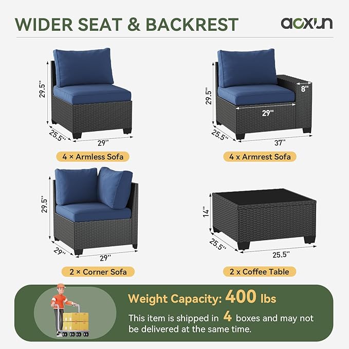 Aoxun Patio Furniture Set, 12 Pcs Outdoor Patio Furniture Sets with 4 in Thicken Cushion, Widen Armrests Wicker Outdoor Sectional for Backyard (Waterproof Cover Include)