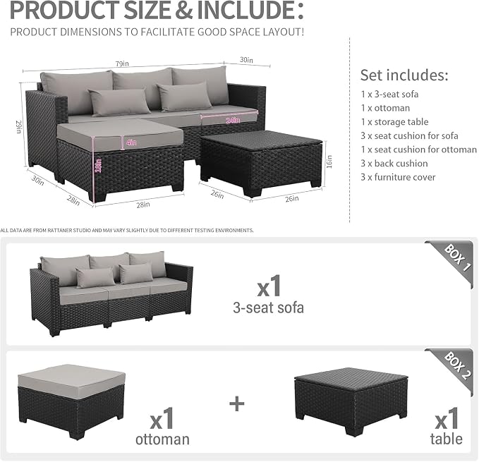 3 Piece Outdoor Patio Furniture Set with Waterproof Covers, Light Grey Patio Couch for Backyard, Deck, Porch Lounge(Gray)