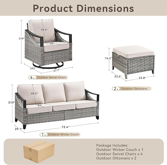 7 Piece Outdoor Patio Furniture Sets-High Back Wicker Swivel Rocker Patio Chairs Set of 4 with Thick Cushions Ottomans, Outdoor Sofa, Patio Conversation Sets for Porch Balcony Patio Deck Grey/Beige