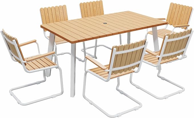 7 Piece Outdoor Conversation Set for 6, HDPE Patio Seating Set with Table and Chairs, All-Weather Outdoor Lounge Furniture with Umbrella Hole for Garden, Porch, Poolside, White & Teak
