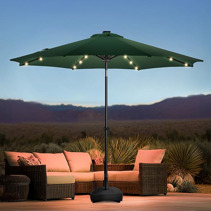 wikiwiki 9FT Solar Led Patio Umbrella with Base Included, 32 LED Lights, 8 Sturdy Ribs, Fade Resistant Waterproof POLYESTER DTY Canopy for Garden, Lawn, Deck, Backyard & Pool, Dark Green