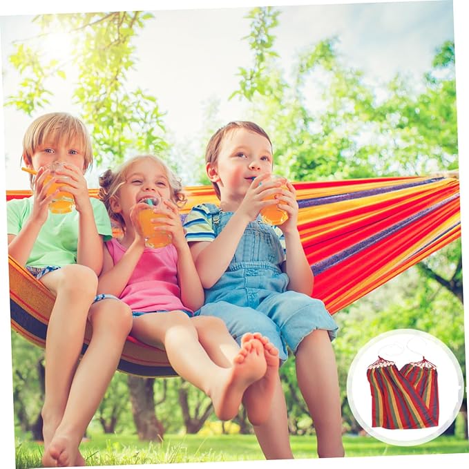 Single Person Widened Canvas Hammock Rainbow Striped Outdoor Swing for Traveling and Patio Use with Anti-tip Design, Cotton Fabric Leisure Hanging Bed