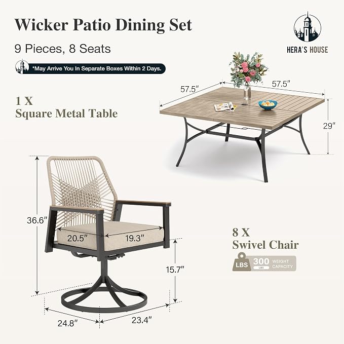 HERA'S HOUSE 9pc Patio Dining Set, 57.5" Metal Table & Swivel Rattan Chairs | Square Wood-look table with umbrella hole, cushioned chairs. Waterproof, rust-resistant, all-weather for backyard, porch.