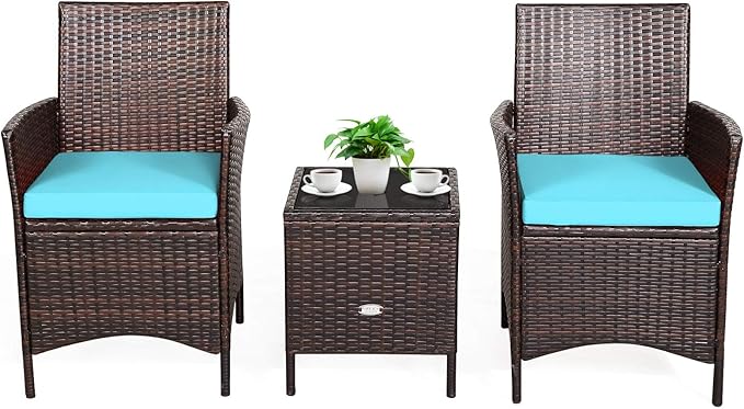 Tangkula 3-Piece Patio Conversation Set, Wicker Chairs with Glass Top Square Coffee Table & Cushions, All-Weather Outdoor Rattan Furniture Set for Garden Backyard Balcony Poolside (Turquoise)