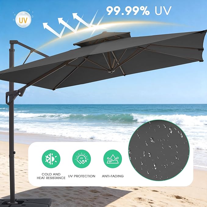 JEAREY 9ft 2-Tier Cantilever Patio Umbrella, Large Square Outdoor Offset Umbrella with Double Top Vent and 360-degree Rotation for Garden, Deck, Pool, Patio, Gray