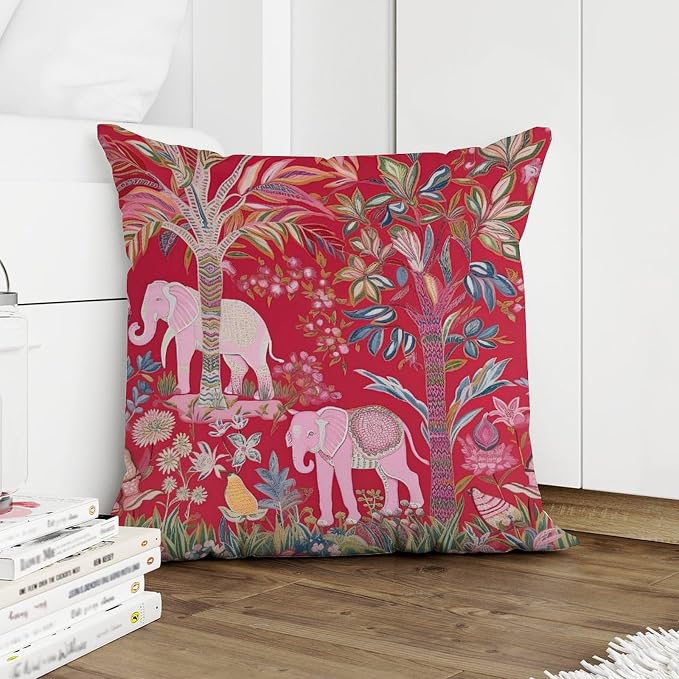 Animal Pink Chinoiserie Pillow Cover Thailand Elephant Jungle Throw Pillow Cover Classic Throw Pillow Covers Farmhouse Decorative for Patio Garden Couch Deck Chair 26x26 in
