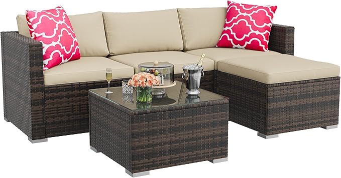 5-Piece Outdoor Sectional Sofa Set, All-Weather PE Rattan Patio Furniture with Ottoman & Tempered Glass Table, Convertible Garden Couch for Backyard, Porch, Poolside (Brown/Khaki)