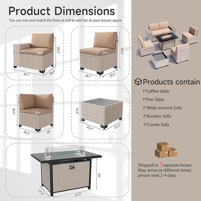 7-Piece Outdoor Patio Furniture Set with Fire Pit, Modular Sectional Sofa Set with Glass Coffee Table and Cushions, Wicker Outdoor Couch Conversation Sets, Khaki
