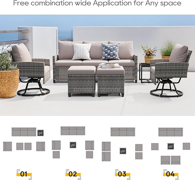6 Piece Outdoor Furniture Set, Rattan Patio Furniture with 2 Swivel Chairs, 3-Seat Sofa, 2 Ottoman & Side Table, All-Weather Conversation Set for Porch Garden Lawn Balcony (Gray & Gray)