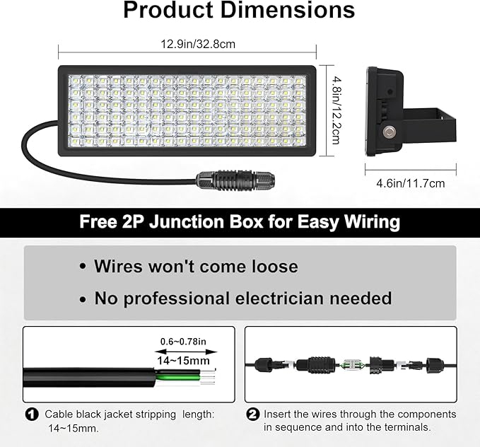Kekeou 100W LED Flood Light Outdoor, 14000 Lumens, 85V–305V AC, 6500K Daylight, IP67 Waterproof, for Stadium, Parking Lot, Boat & Sports Fields, Generator Powered, 5-Year Protection