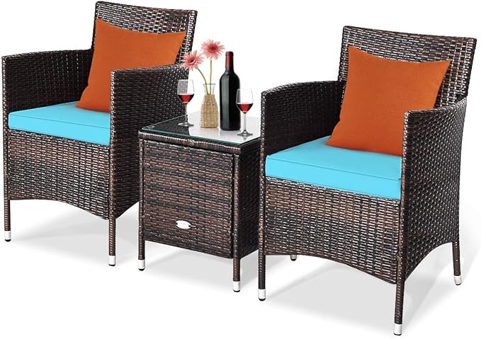 Tangkula Patio Furniture Set 3 Piece, Outdoor Wicker Rattan Conversation Set with Coffee Table, Chairs & Thick Cushions, Suitable for Patio Garden Lawn Backyard Pool