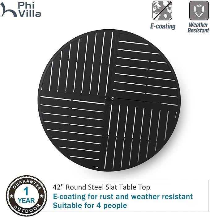 PHI VILLA 5 Pcs Patio Dining Set, 42" Round Steel Table w/Umbrella Hole | Round metal table w/ 1.57" umbrella hole&4 Black Stacking Metal Chairs for Patio, Deck, Yard, Porch