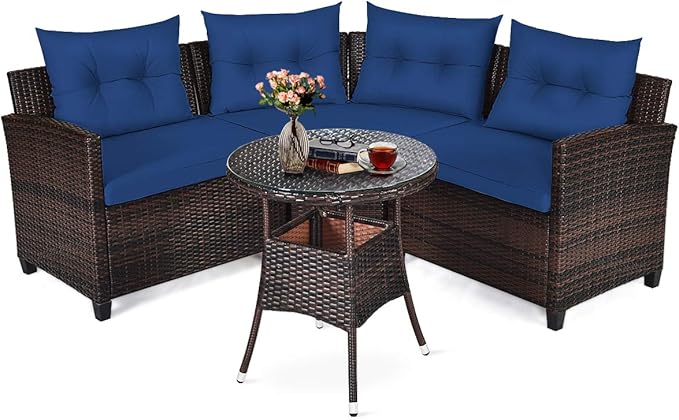 Tangkula 4-Piece C Shape Patio Furniture Set, Outdoor Corner Wicker Rattan Sectional Cushioned Sofa Set, with Glass Coffee Table, for Garden Poolside Balcony (Navy Blue)