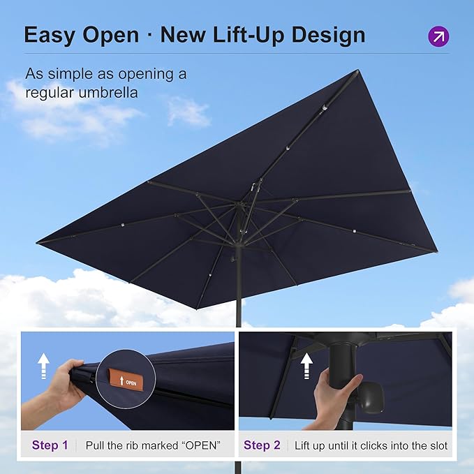 PURPLE LEAF 10' x 13' Rectangular Semi-Auto Outdoor Patio Umbrella Aluminium Market Umbrella Table Sun Umbrella with 2.36" Rod and 8 Sturdy Ribs for Deck Lawn Pool Garden, Navy Blue