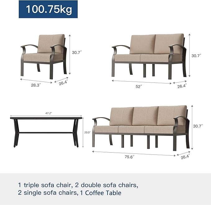 Kullavik Aluminum Patio Furniture Set with Rectangular Coffee Table,7-seat Metal Outdoor Sectional Furniture w/5.1" Cushions,Patio Conversation Sets for Garden,Backyard,Porch-Sand