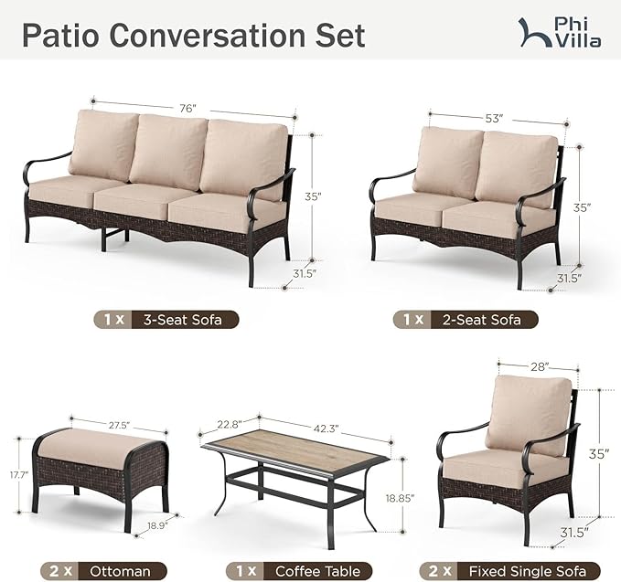 PHI VILLA Extra Large Outdoor Modern Patio Furniture Set, Upgraded Wicker & Metal Patio Conversation Set with Waterproof Thick Cushions for Porch, Poolside, Yard(7 Pieces,Beige)