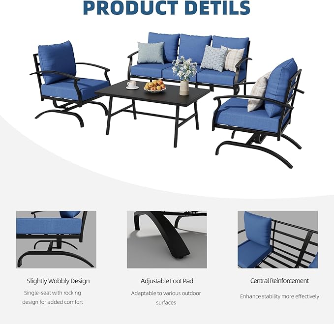 ALAULM 4 Piece Patio Furniture Set,Outdoor Metal Patio Furniture with Coffee Table & Rocking Chairs Conversation Set for Porch,Backyard,Poolside, Garden-DarkBlue