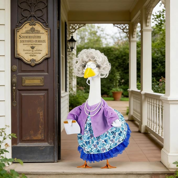 Old Lady Porch Goose Outfits Grandma Goose Clothes Glasses Curly Wig Floral Print Dress Cardign and Pearl Necklace,23'' Geese Statue Outdoor Patio Yard Lawn Decoration (Purple B)