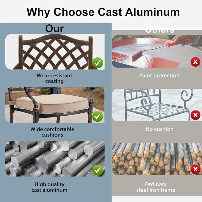 7-Pcs Cast Aluminum Patio Dining Set,59" Rectangular Table,Bronze | Outdoor Furniture Set Include Dining Table and 6 Stackable Chairs with Cushions & Umbrella Hole