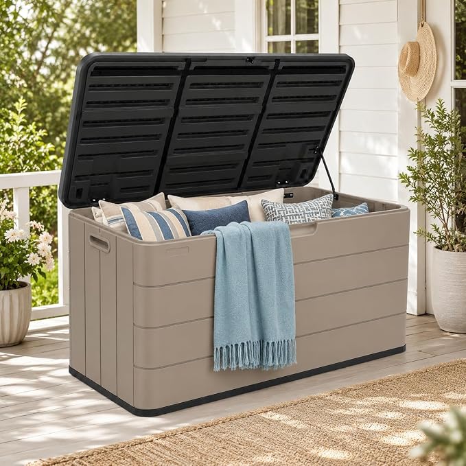 ADDOK 110 Gallon Outdoor Deck Box, Large Waterproof Resin Storage Box with Lid Support Rod, Lockable Lid and Side Handles, Patio Cushion Storage Bench for Poolside, Garden and Backyard, White