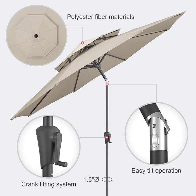 9ft Outdoor Patio Umbrella - 2-Tier Table Umbrella Waterproof UV Protection, Sombrillas de Patio with Push Button Tilt, Sun Umbrella for Pool, Porch, Garden, Backyard (Taupe)