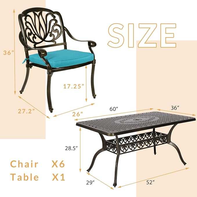 7-Piece Outdoor Patio Dining Set, 60” Rectangular Cast Aluminum Dining Table with Umbrella Hole and 6 Outdoor Dining Cushioned Chairs, Patio Funiture Set for Backyard, Patio, Garden, Blue