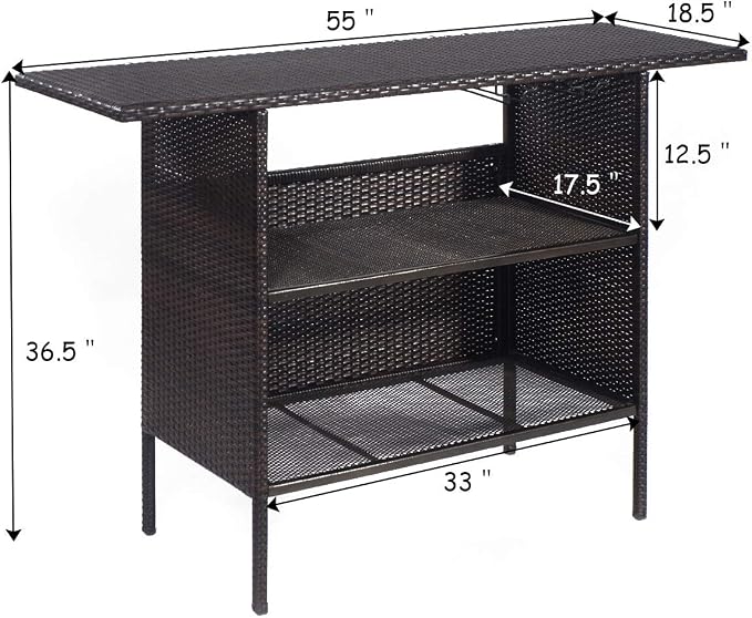 ReunionG Outdoor Wicker Bar Patio Rattan Counter Table with 2 Steel Shelves, 55.1" x 18.5" x 36.2"(L x W x H), Brown