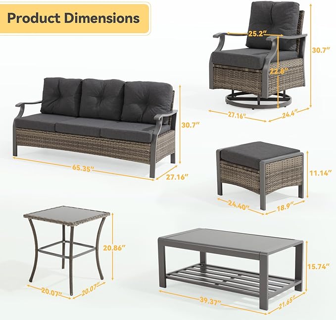 Outdoor Patio Furniture Set, 6 Pieces Outdoor Conversation Sets with Coffee Table, Side Table & Ottoman, Wicker Rattan Outdoor Sectional Sofa Set for Backyard, Deck, Porch, Poolside, Gray