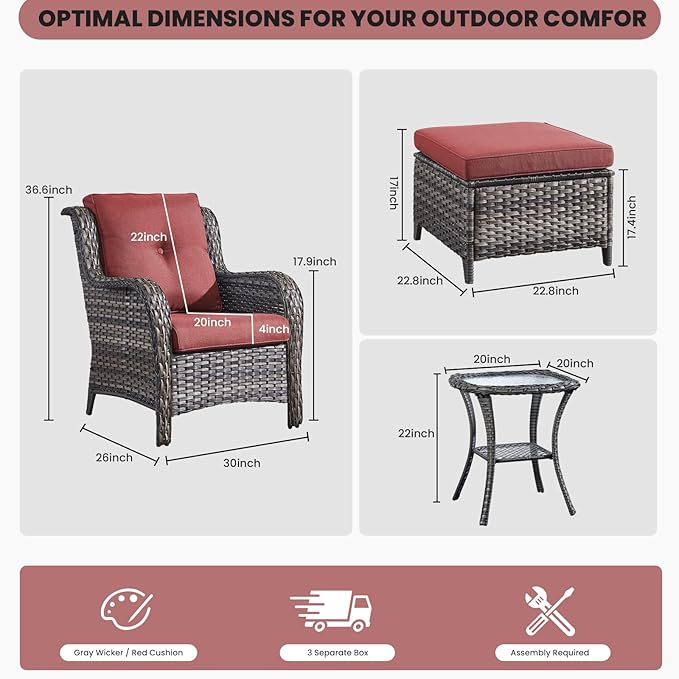 Belord Outdoor Wicker Furniture 5 Pieces Patio Furniture Set Patio Chairs with Ottomans and Side Table Conversation Set for Porch Garden Deck Balcony Poolside Grey Wicker Red Cushion