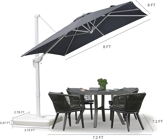 PURPLE LEAF 8 FT Patio Umbrella With Base White Cantilever Umbrella Square Outdoor Offset Umbrella Windproof with 360° Rotation for Garden Deck Pool, Light Grey