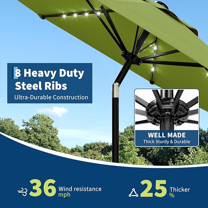 Garvee 9/10 FT Solar Patio Umbrella with 32 LED Lights - Outdoor Table Umbrella with Crank Lift, Push Button Tilt and 8 Sturdy Ribs - Market Umbrella UV Protection for Pool, Deck, Yard, Garden