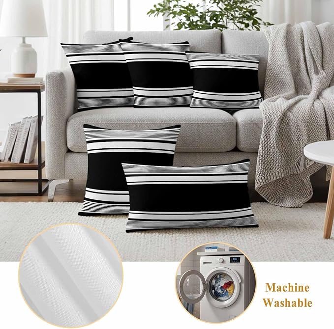 Outdoor Waterproof Throw Pillow Covers, Black Striped Decorative Pillow Cases, Modern Color Block Farmhouse Stripes Couch Pillow Protector Patio Sofa Cushion Covers Replacement 20"x20" 2 Pack