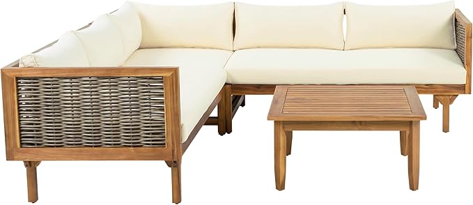 Christopher Knight Home Tenntt 5-Seater Acacia Wood Patio Furniture Set, Outdoor Conversation Sofa Chat Set with Coffee Table, Wicker Arm, Sectional Seating Group for Backyard Balcony, Teak+Beige