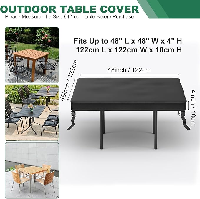M METERXITY Square Patio Table Cover, 48"L x 48"W x 4"H Rectangular Table Cover for Outdoor Furniture, All-Weather/Waterproof/UV-Resistant, Patio Furniture Protector [Black]