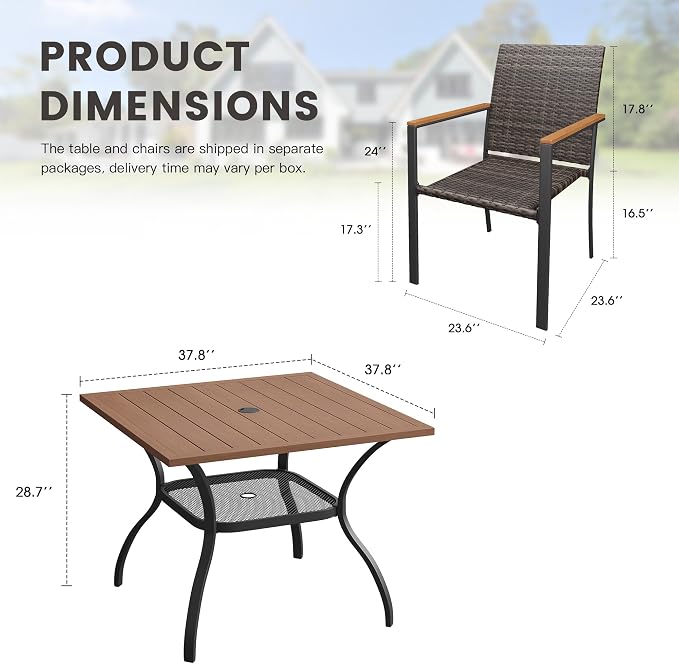 Patio Dining Set for 4, 37.8" Square Metal Table with Umbrella Hole and Stackable Wicker Patio Chairs, Outdoor Furniture Set for Deck Backyard Garden, Walnut Chairs, Walnut Table