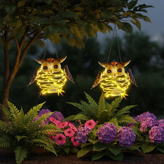 2 Pack Owl Solar Lights Outdoor Hanging Lantern with Handle, Solar Powered Owl Garden Decor for Outside Patio Yard Porch Pathway Owl Gifts for Women (Warm White LED Lights)