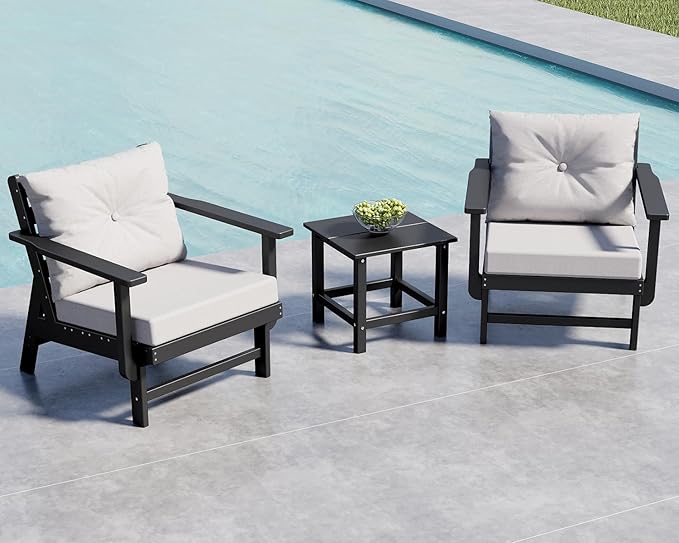 GREENVINES 3-Piece-Patio-Furniture-Set | HDPE Plastic | Outdoor Sectional Conversation Sets | All-Weather Couch | Sofa with Side Table | Detachable Armrests | for Deck Lawn | Black