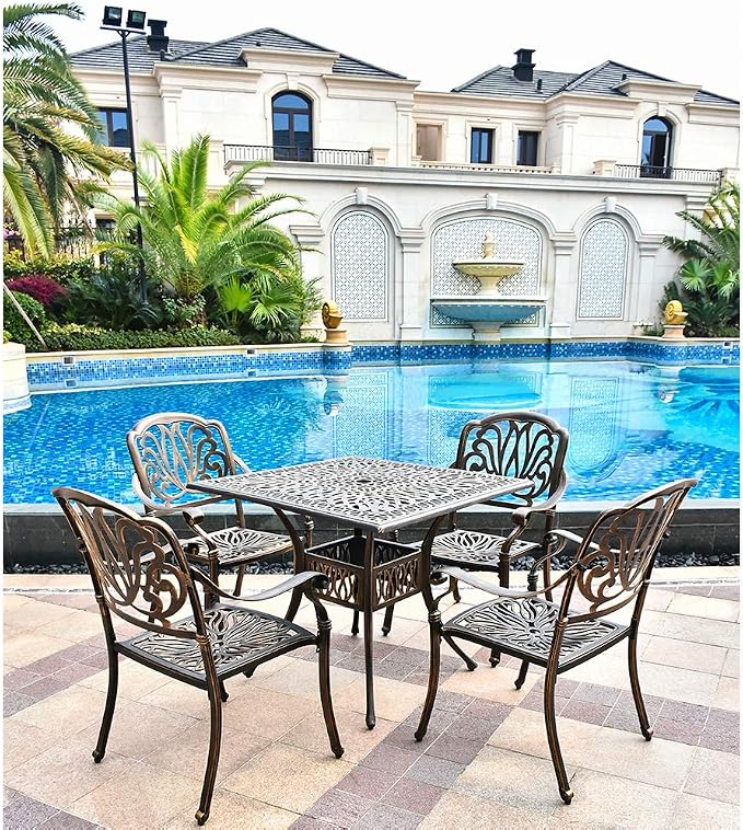 TITIMO 5-Piece Outdoor Patio Dining Set,All-Weather Cast Aluminum Furniture Conversation Set Includes 4 Chairs and 1 Square Table with Umbrella Hole for Patio Garden Deck, Blooming Flower Design