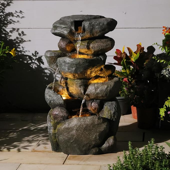 Sunlinua 28.6" H Outdoor Water Fountain with 4 Tiers Cascading Realistic Rock Waterfall Fountains with LED Lights Outdoor Water Fountain for Garden Patio Backyard Porch Home Decor