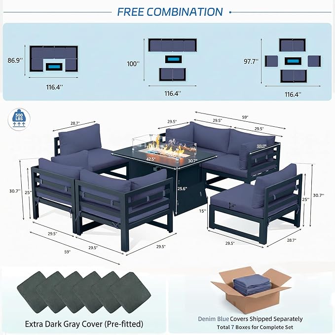 NICESOUL 6 Seat Modern Aluminum Patio Furniture Set with Fire Pit Table, 500lbs Heavy Duty Outdoor Sectional Sofa, 29" Deep Wide Oversized Seating L Shaped Conversation Couch for Garden, Denim Blue
